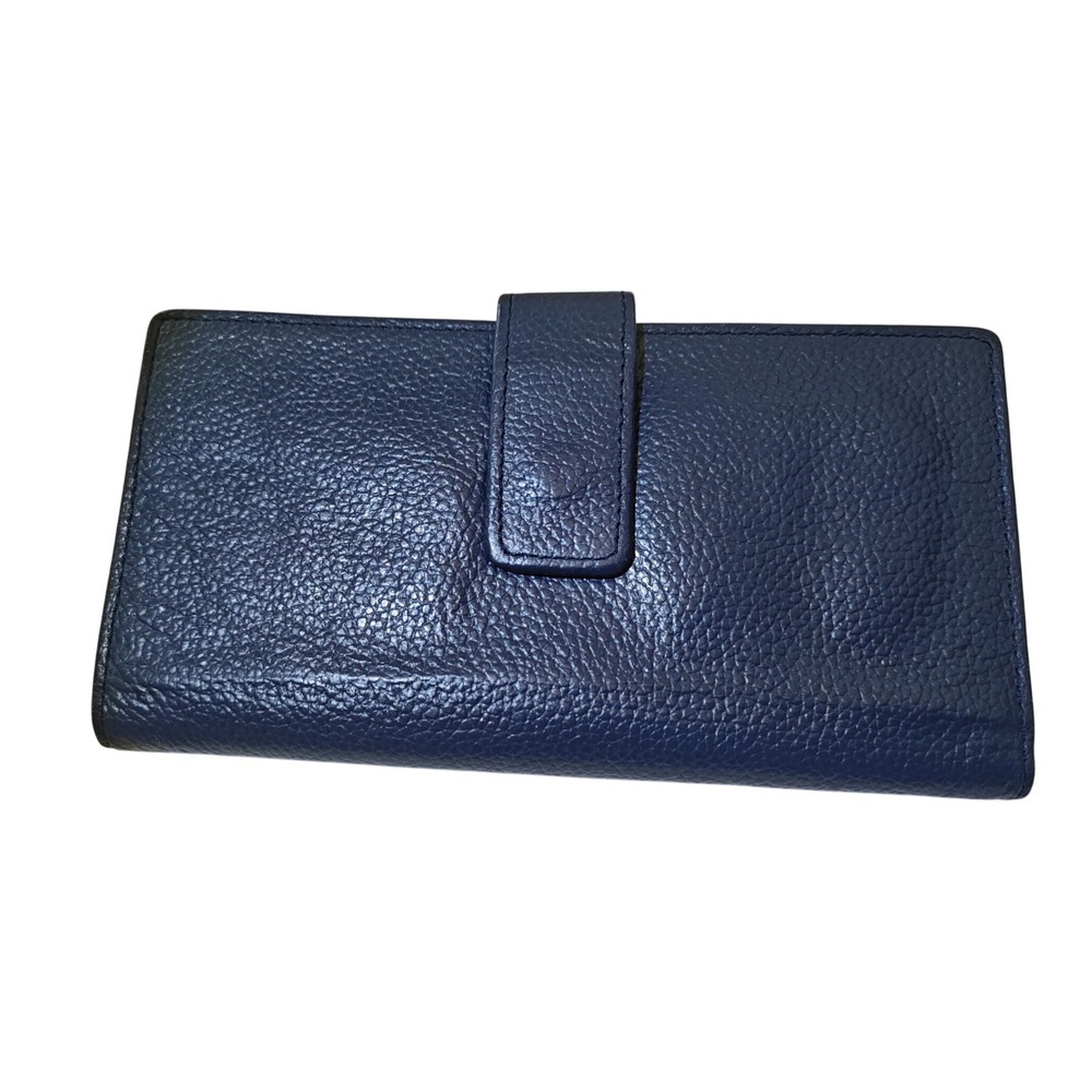 Checkbook Wallet Navy Blue Pebbled Genuine Leather Snap Closure Bifold Organizer
